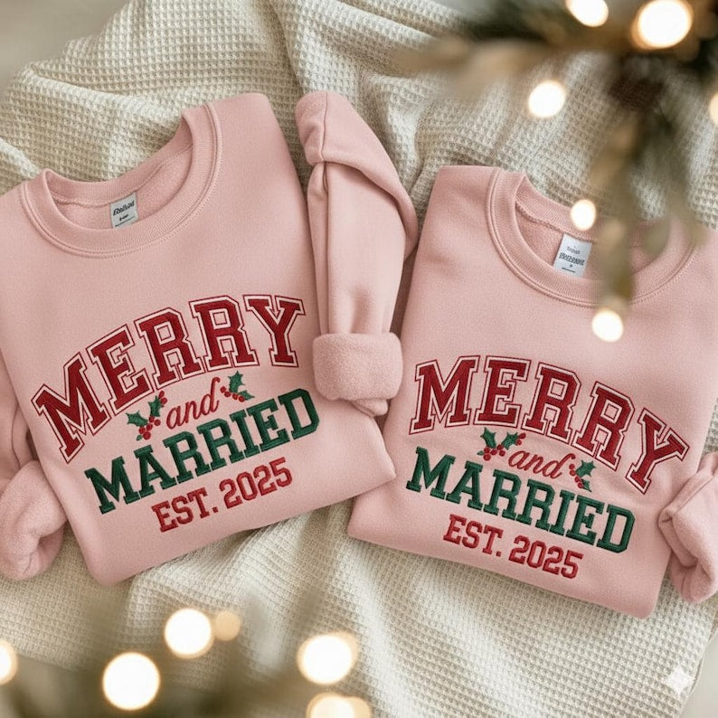 EMBROIDERED Merry and Married Sweatshirt, Christmas Newlywed Matching Couple Sweaters, Christmas Wedding Sweater, Christmas Couple Shirts
