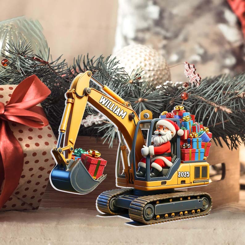Personalized Excavator Acrylic Ornament , Santa on The Excavator, Xmas Gift for Boys, Christmas Gifts For Kids