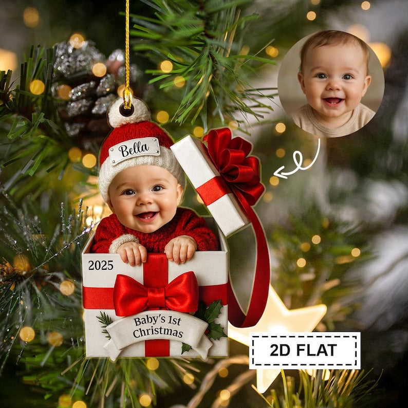 Baby Christmas Gift Box 2D Flat Acrylic Ornament, Personalized Baby Photo Christmas Ornament, Funny Newborn First Christmas Gift