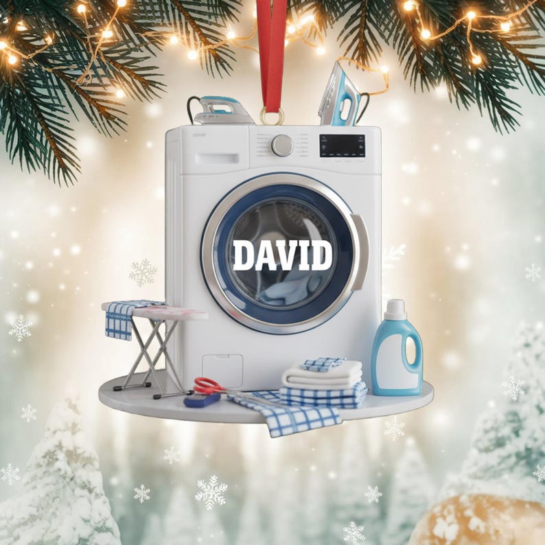 Custom Washing Machine Christmas Ornament, Tree Hanging Decor, Flat 2D Acrylic, Personalized Laundry Lover Gift for Him Holiday Keepsake