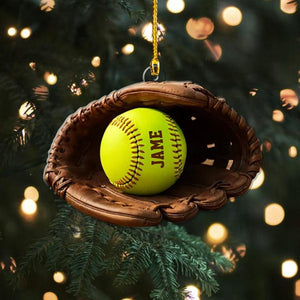 Personalized Softball & Glove Ornament, Christmas Tree Hanging Decor, Custom Name 2D Flat Softball Acrylic Ornament Gift for Softball Lovers