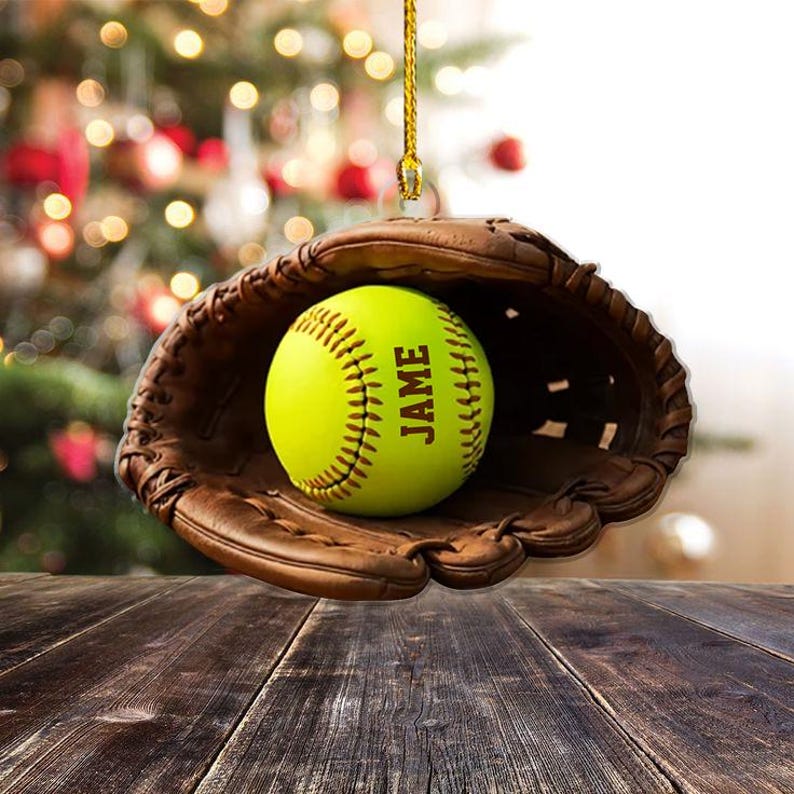 Personalized Softball & Glove Ornament, Christmas Tree Hanging Decor, Custom Name 2D Flat Softball Acrylic Ornament Gift for Softball Lovers