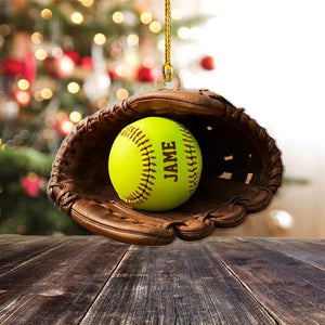 Personalized Softball & Glove Ornament, Christmas Tree Hanging Decor, Custom Name 2D Flat Softball Acrylic Ornament Gift for Softball Lovers