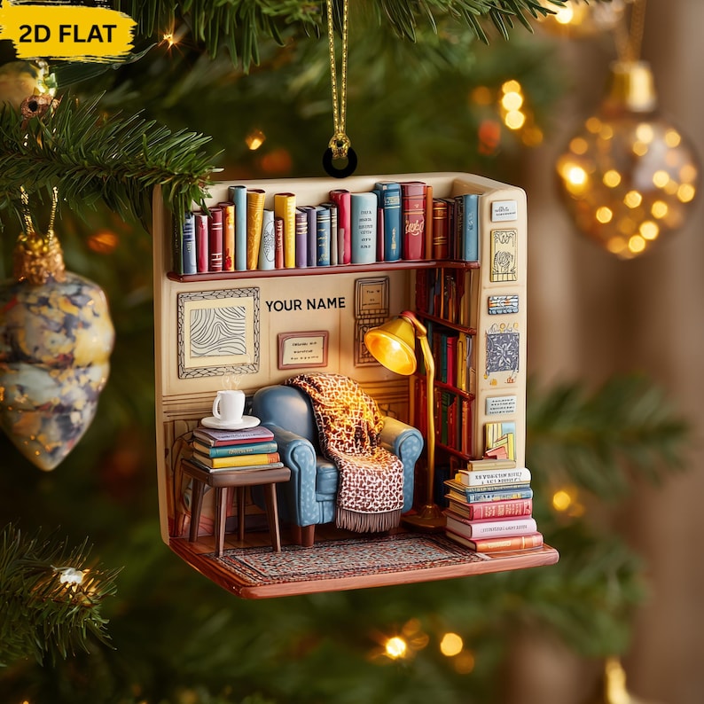 Personalized Reading Nook Ornament, Book Lover Gift, Library Room Christmas Decor, Book Club Ornament, Bookish Ornament, Book Exchange Gift