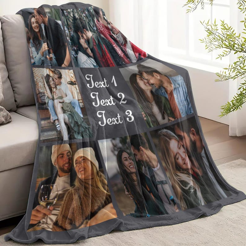 Custom Photo Blankets for Couch, Personalized Photo Collage Blankets for Adults with Text, Custom Couples Blankets with Pictures