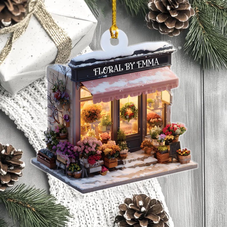 Personalized Florist Ornament, Flower Shop Christmas Decor, Custom 2D FLAT Acrylic Floral Store Decor, Gift for Florist, Shop Owner