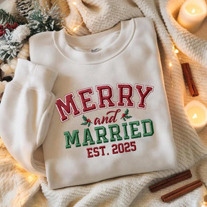 Embroidered Merry and Married Sweatshirt, Christmas Newlywed Couple Sweater, Matching Holiday Honeymoon Crewneck, Married Est 2025 Shirt
