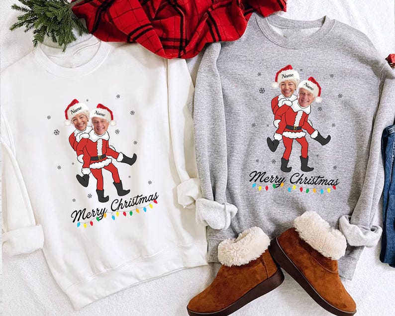 Personalized Christmas Face Photo Couple Shirt, Matching Couple Elf Christmas T-Shirt, Custom Face Elf Shirt, Merry Christmas Photo Shirt