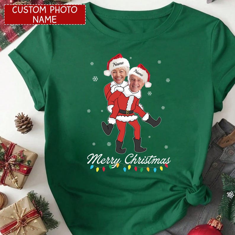 Personalized Christmas Face Photo Couple Shirt, Matching Couple Elf Christmas T-Shirt, Custom Face Elf Shirt, Merry Christmas Photo Shirt