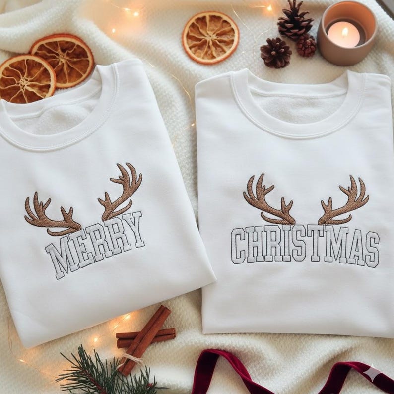 EMBROIDERED Merry Christmas Sweatshirt Set, Matching Holiday Sweater, Couple Xmas Crewneck, Festive Winter Jumper Pair, Christmas Couple Tee