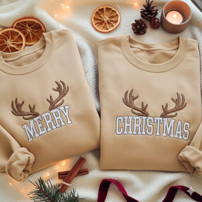 EMBROIDERED Merry Christmas Sweatshirt Set, Matching Holiday Sweater, Couple Xmas Crewneck, Festive Winter Jumper Pair, Christmas Couple Tee