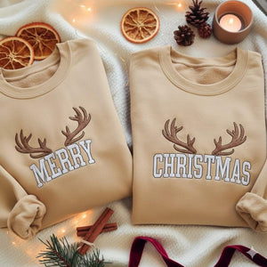 EMBROIDERED Merry Christmas Sweatshirt Set, Matching Holiday Sweater, Couple Xmas Crewneck, Festive Winter Jumper Pair, Christmas Couple Tee