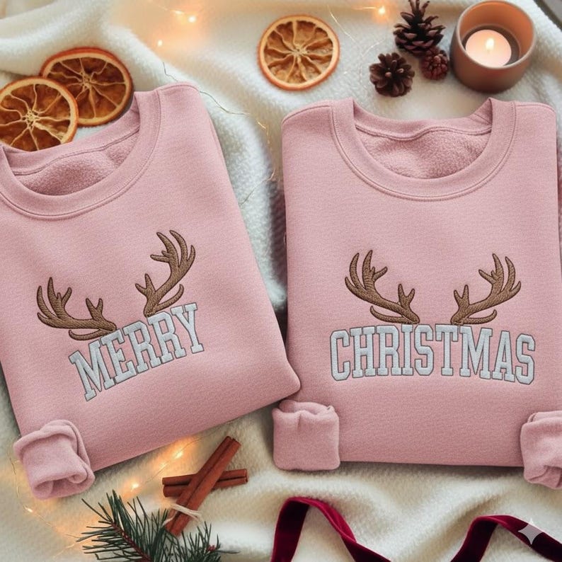 EMBROIDERED Merry Christmas Sweatshirt Set, Matching Holiday Sweater, Couple Xmas Crewneck, Festive Winter Jumper Pair, Christmas Couple Tee