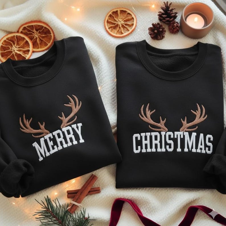 EMBROIDERED Merry Christmas Sweatshirt Set, Matching Holiday Sweater, Couple Xmas Crewneck, Festive Winter Jumper Pair, Christmas Couple Tee