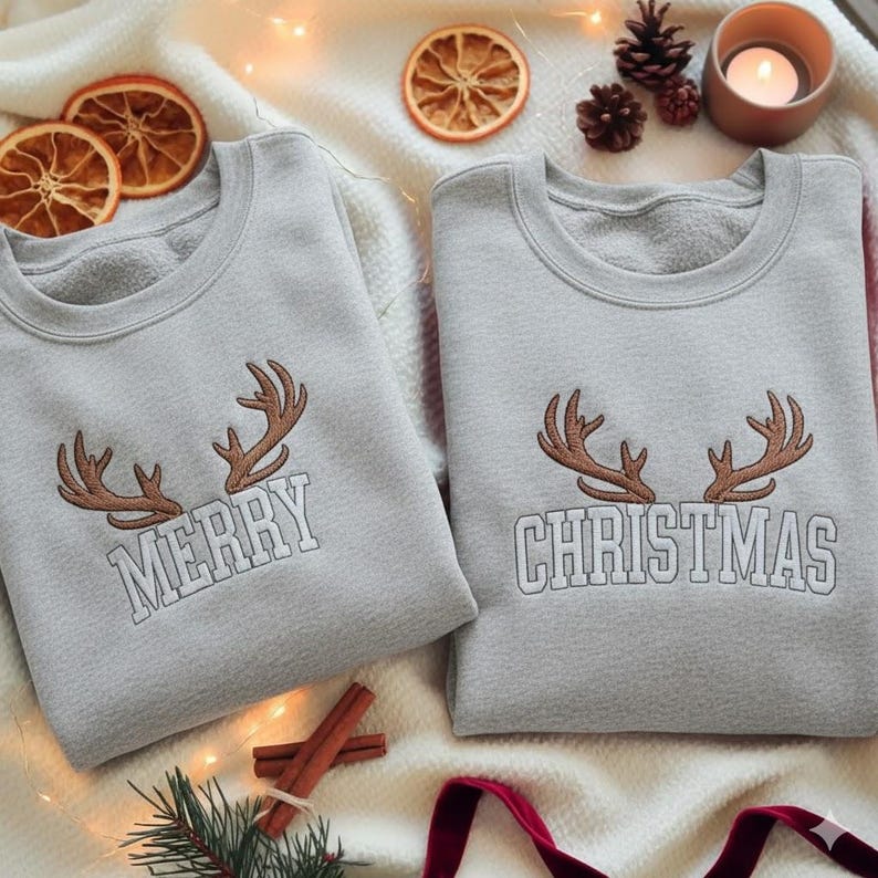 EMBROIDERED Merry Christmas Sweatshirt Set, Matching Holiday Sweater, Couple Xmas Crewneck, Festive Winter Jumper Pair, Christmas Couple Tee