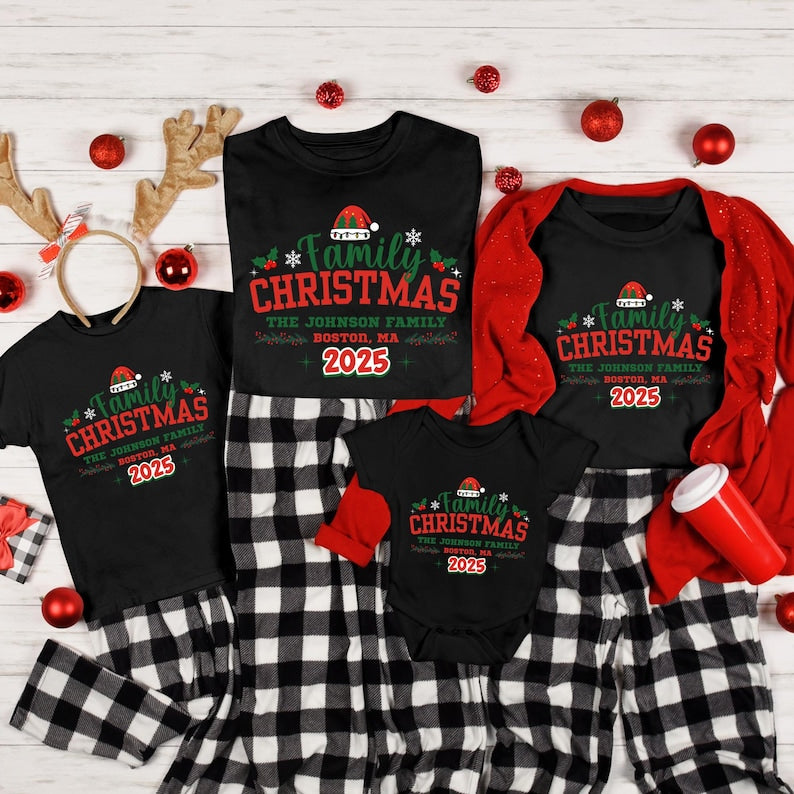 Custom Family Christmas Shirt 2025 | Personalized Matching Holiday Tees With Name | Cute Xmas Outfit Idea For Family & Friends