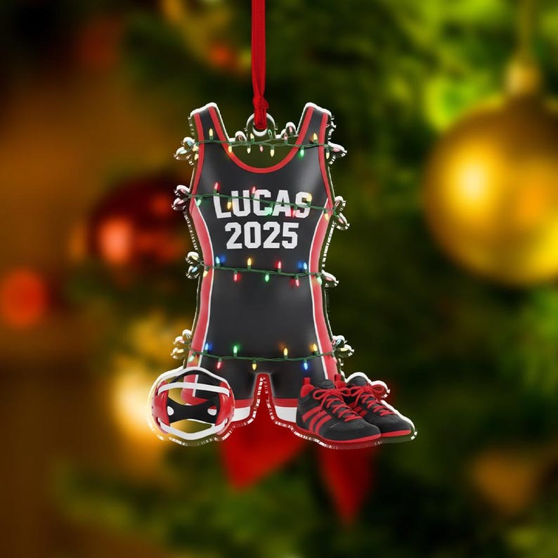 Personalized Acrylic Ornament Custom Name Wrestling Singlet with Shoes & Headgear Scene