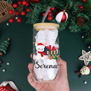 Personalized Christmas Tree Snack Glass: Iced Coffee Cup with Lid | Gifts for Her | Custom Glass Coffee cup | gifts for Christmas