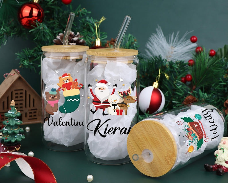 Personalized Christmas Tree Snack Glass: Iced Coffee Cup with Lid | Gifts for Her | Custom Glass Coffee cup | gifts for Christmas