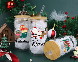 Personalized Christmas Tree Snack Glass: Iced Coffee Cup with Lid | Gifts for Her | Custom Glass Coffee cup | gifts for Christmas