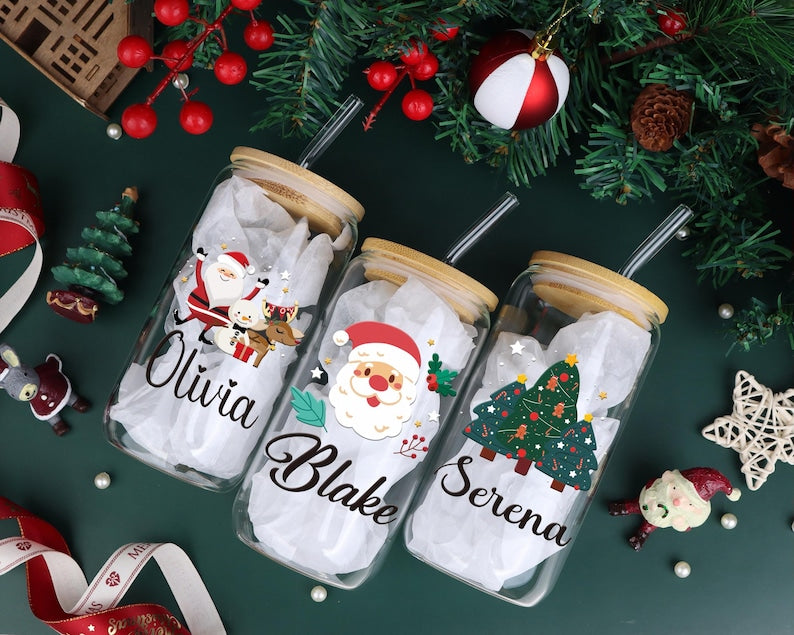 Personalized Christmas Tree Snack Glass: Iced Coffee Cup with Lid | Gifts for Her | Custom Glass Coffee cup | gifts for Christmas