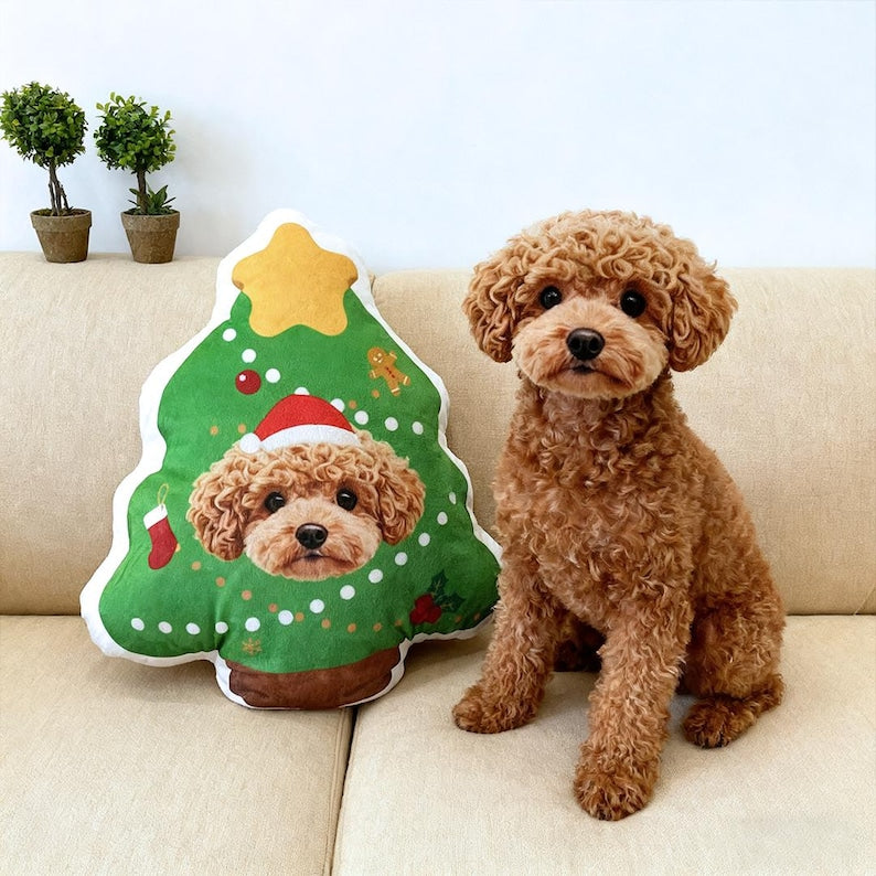 Custom Pet Christmas Tree Pillow, Personalized Dog Cat Xmas Cushion, Holiday Gift for Pet Lovers, Cute Christmas Home Decor