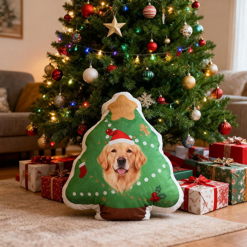 Custom Pet Christmas Tree Pillow, Personalized Dog Cat Xmas Cushion, Holiday Gift for Pet Lovers, Cute Christmas Home Decor