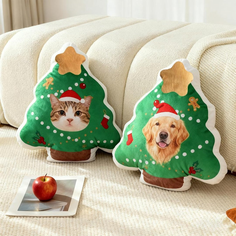 Custom Pet Christmas Tree Pillow, Personalized Dog Cat Xmas Cushion, Holiday Gift for Pet Lovers, Cute Christmas Home Decor