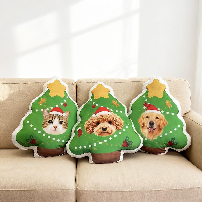 Custom Pet Christmas Tree Pillow, Personalized Dog Cat Xmas Cushion, Holiday Gift for Pet Lovers, Cute Christmas Home Decor