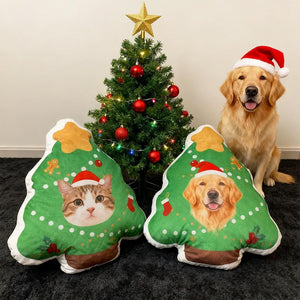 Custom Pet Christmas Tree Pillow, Personalized Dog Cat Xmas Cushion, Holiday Gift for Pet Lovers, Cute Christmas Home Decor