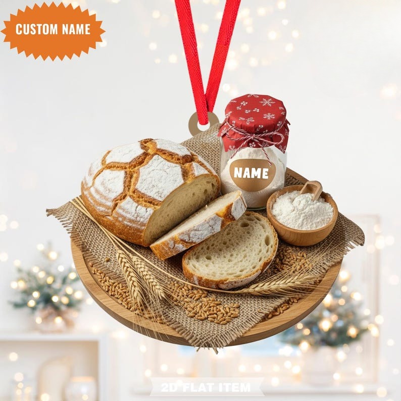 Custom Name Sourdough Bread Christmas Ornament, Flat 2D Ornament, Food Lover Gift, Funny Christmas Tree Decor Gift