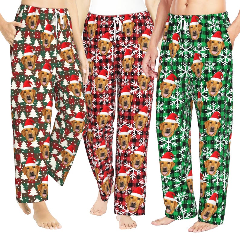 Personalized Christmas Plaid Pajama Pants with Dog Face, Custom Christmas Gifts