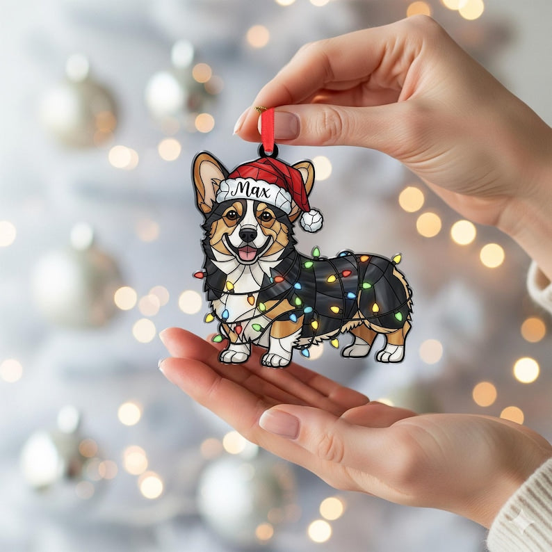 Personalized Corgi Ornament Custom Dog Name, Santa Hat with Christmas Lights Decoration