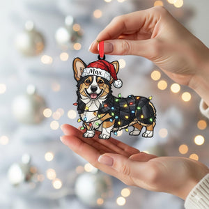 Personalized Corgi Ornament Custom Dog Name, Santa Hat with Christmas Lights Decoration
