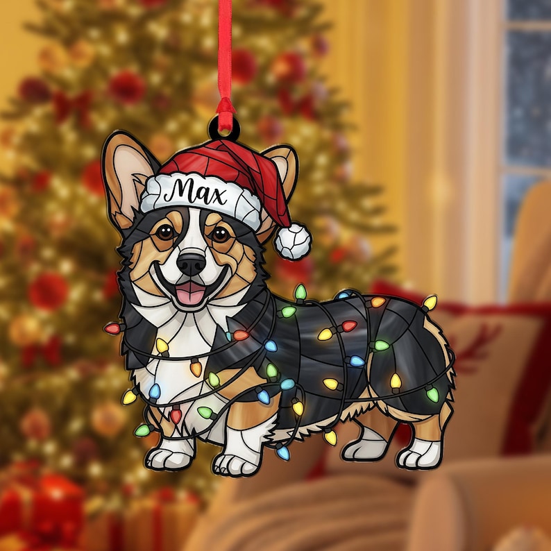 Personalized Corgi Ornament Custom Dog Name, Santa Hat with Christmas Lights Decoration