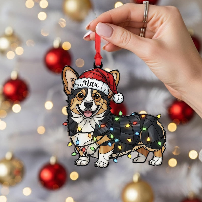 Personalized Corgi Ornament Custom Dog Name, Santa Hat with Christmas Lights Decoration