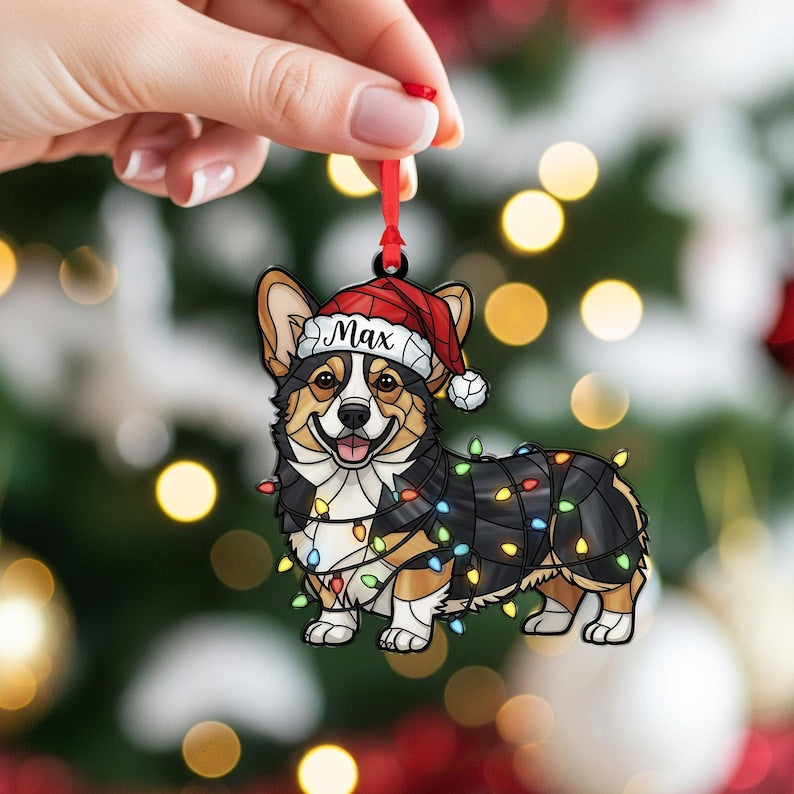Personalized Corgi Ornament Custom Dog Name, Santa Hat with Christmas Lights Decoration