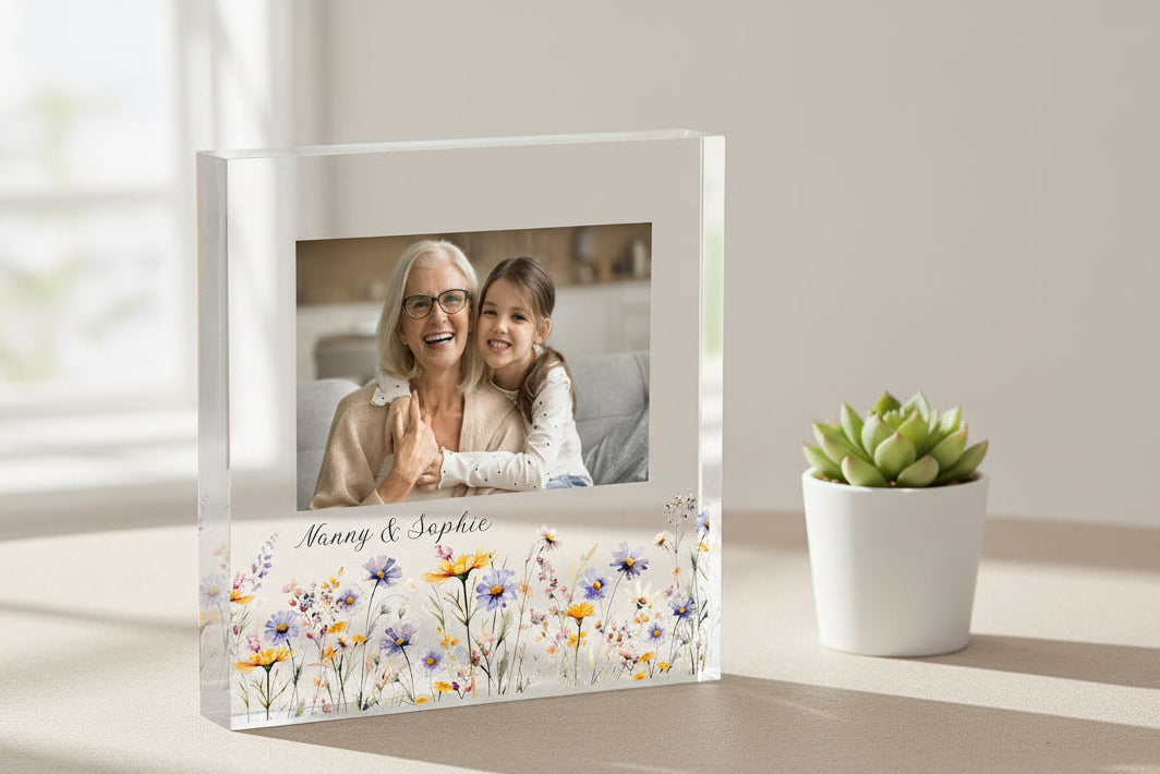 Gift for Nanny Personalised Acrylic Photo Plaque Floral Frame Birthday Mother's Day or Christmas Keepsake