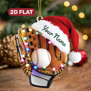 Personalized Baseball Glove Ornament with Ball and Santa Hat Custom Name Gift for Baseball Players Coaches Fans Holiday Tree Decoration