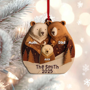 Personalized Bear Family Layered Wood Ornament, Custom Name Christmas Tree Ornament, Woodland Bear Christmas Home Decor, Gift for Family