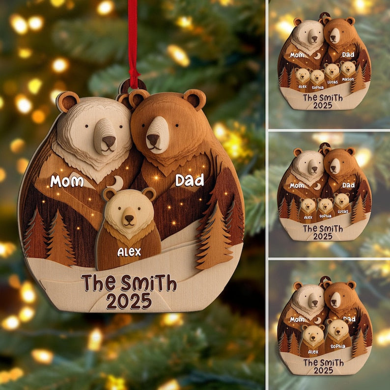 Personalized Bear Family Layered Wood Ornament, Custom Name Christmas Tree Ornament, Woodland Bear Christmas Home Decor, Gift for Family