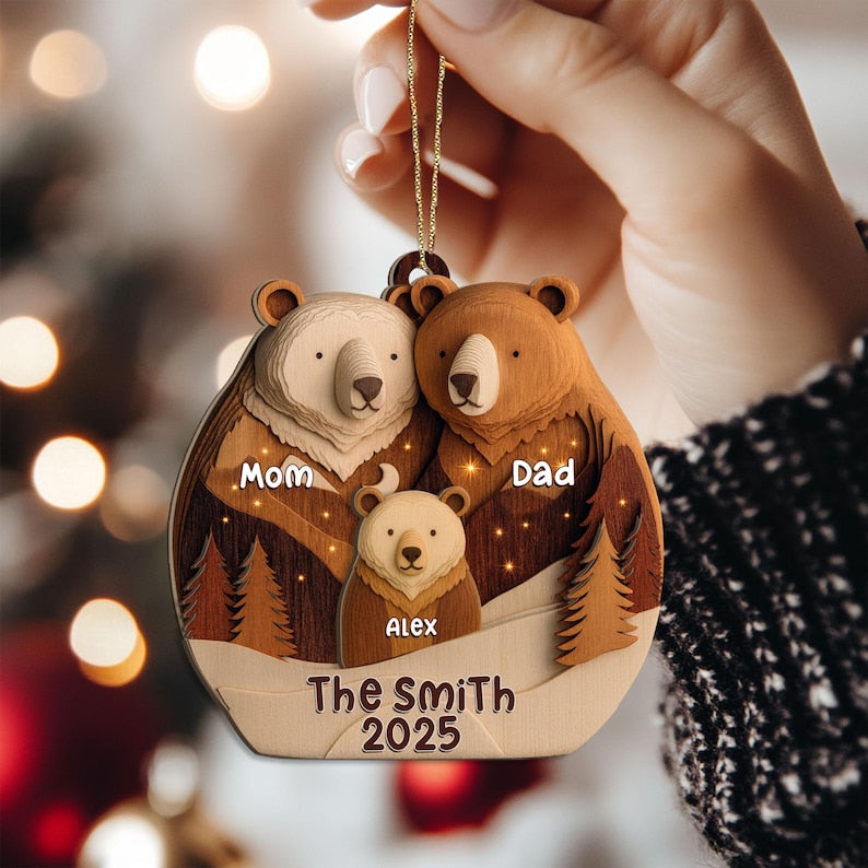 Personalized Bear Family Layered Wood Ornament, Custom Name Christmas Tree Ornament, Woodland Bear Christmas Home Decor, Gift for Family