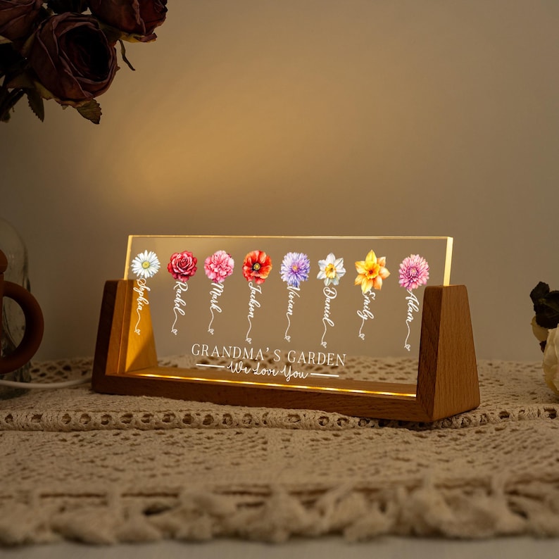 Custom Grandma's Garden Birth Month Flowers Night Light, Acrylic LED Light, Mother Lamp, Grandma Gift from Grandkids, Mother's Day Gift