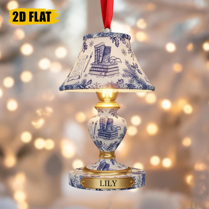 Personalized Book Lover Ornament Custom Acrylic Lamp Christmas Ornament with Name Tag, Reading Light Design 2D Flat Gift
