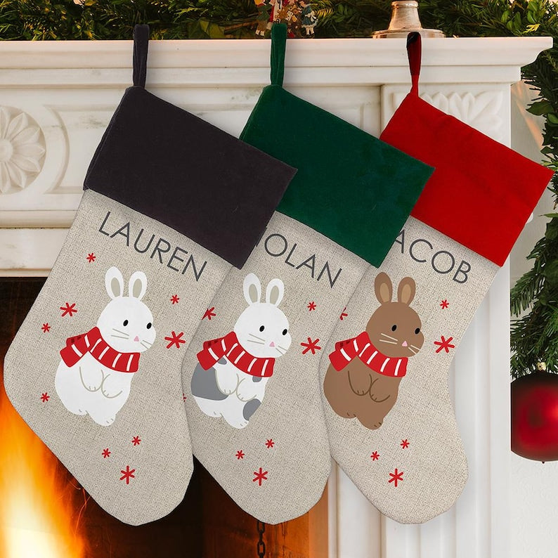 Personalized Bunny Christmas Stocking, Custom Rabbit Name Stocking, Kids Holiday Fireplace Decor, Cute Bunny Stocking, Bunny Lover Gift