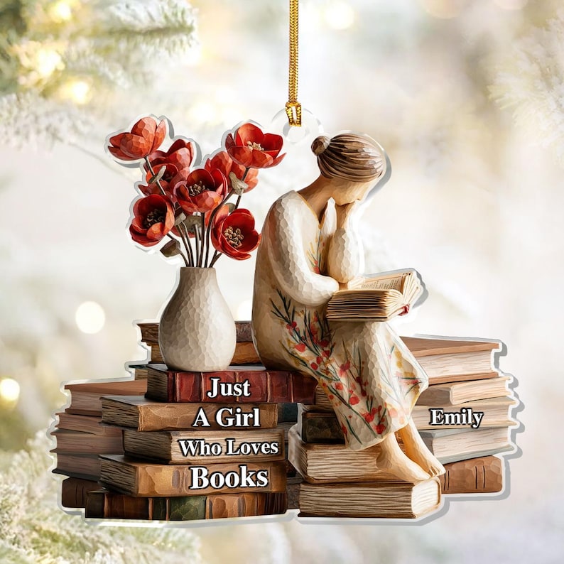 Personalized Acrylic Ornament for Book Lovers, Just a Girl Who Loves Books X-Mas Decoration, Cute Reading Theme Holiday Gift for Her, Reader