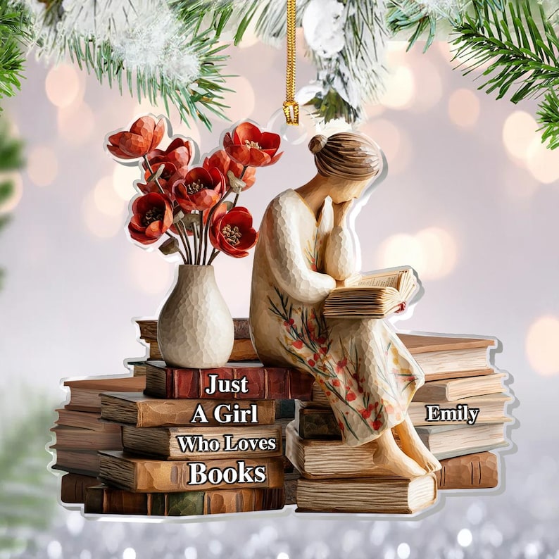 Personalized Acrylic Ornament for Book Lovers, Just a Girl Who Loves Books X-Mas Decoration, Cute Reading Theme Holiday Gift for Her, Reader