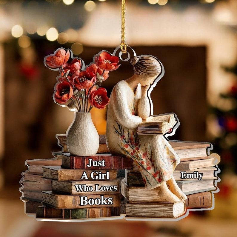 Personalized Acrylic Ornament for Book Lovers, Just a Girl Who Loves Books X-Mas Decoration, Cute Reading Theme Holiday Gift for Her, Reader