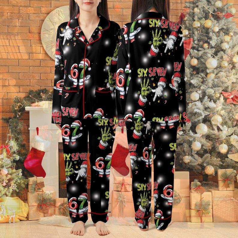 6 7 Christmas Pajamas, Six Seven 6 7 Meme Funny Christmas Pajama Sets, Meme shirt, Funny Pajama Christmas Pants for Women Men,Home Wear Set