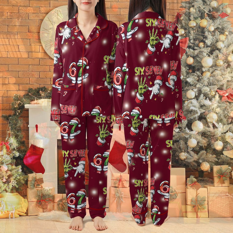 6 7 Christmas Pajamas, Six Seven 6 7 Meme Funny Christmas Pajama Sets, Meme shirt, Funny Pajama Christmas Pants for Women Men,Home Wear Set